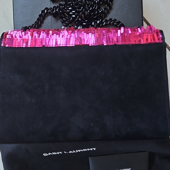💖 YSL Saint Laurent Kate Pink Sequin Black Suede Crossbody Bag Matte Black HW - Picture 7 of 17